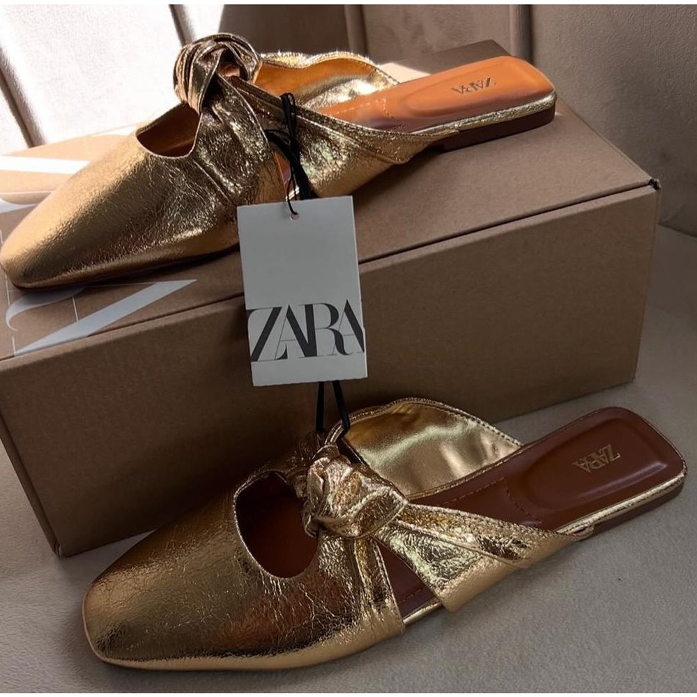Zara NWT Gold Metallic Knot Square Toe Mules 7.5 8 - Picture 12 of 16